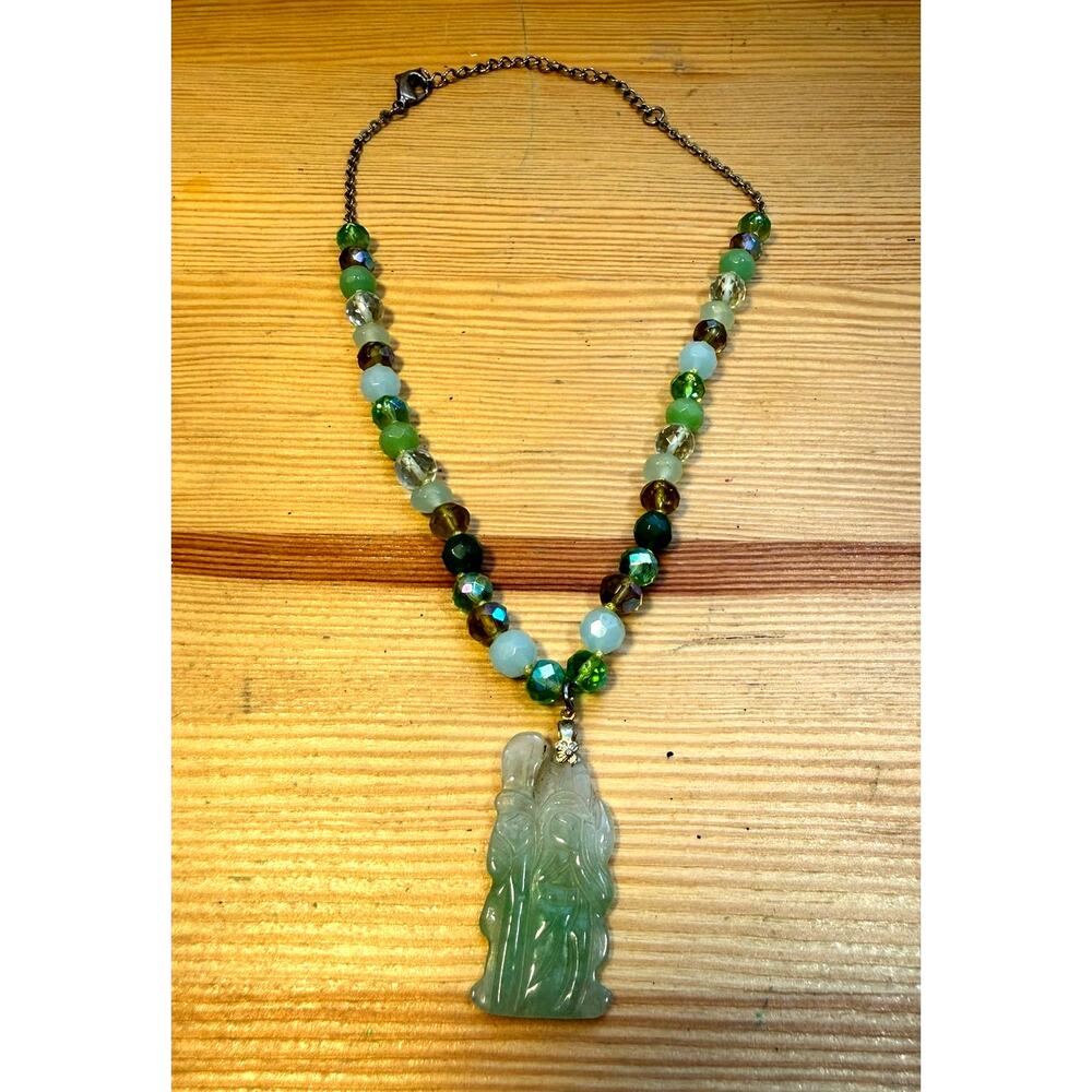 Cookie Lee Green Beaded Necklace Jade Look Pendant Statement Necklace